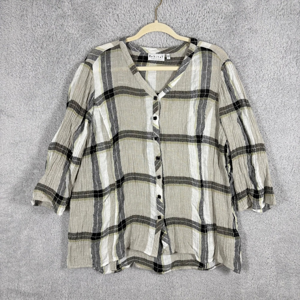 Habitat Linen Blend Plaid Crinkle Gauze V-Neck Button Down Blouse Beige Size L